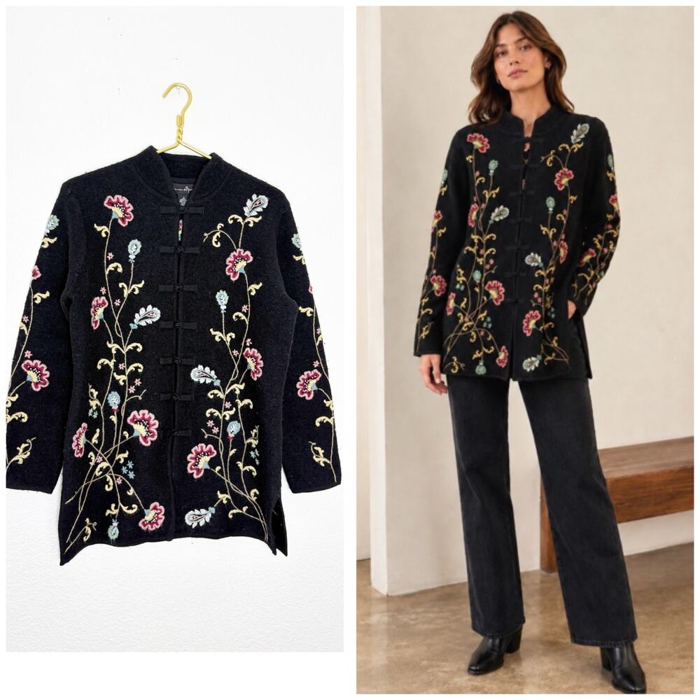 Vintage Y2K Boiled Wool Japanese Cherry Blossom Floral Embroidery Cardigan Small